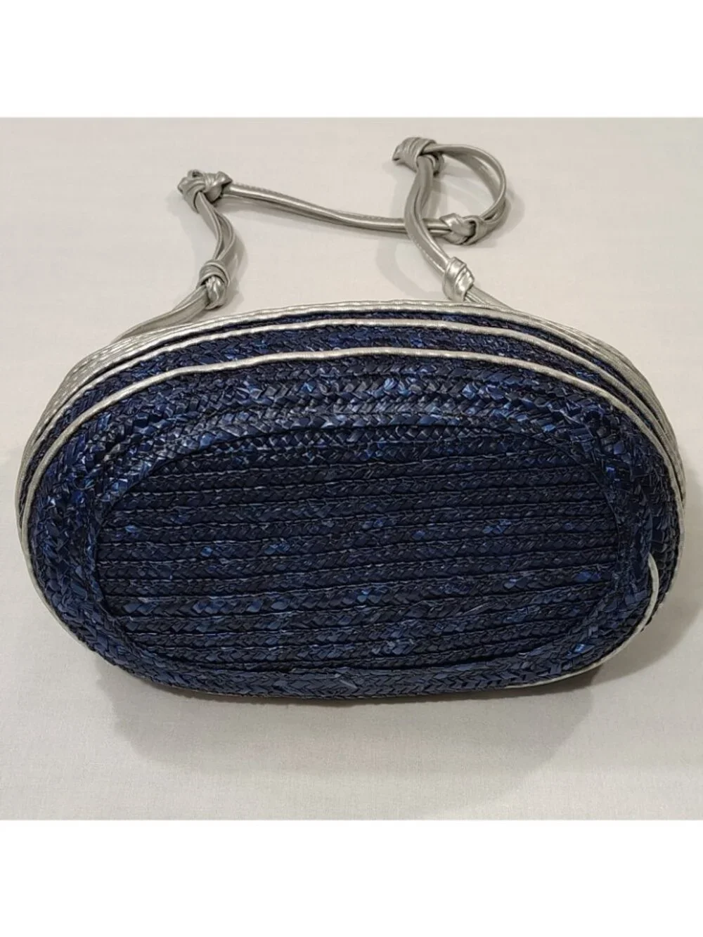 Worthington Straw Woven Shoulder Bag Purse Handbag Blue Silver Stripe Lined - Picture 16 of 16